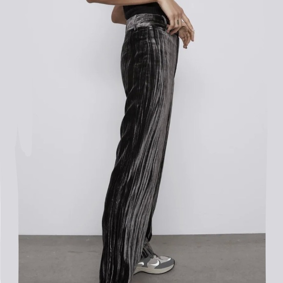 Zara Grey Crushed Velvet High-Waisted Straight Leg Trousers - Picture 5 of 14